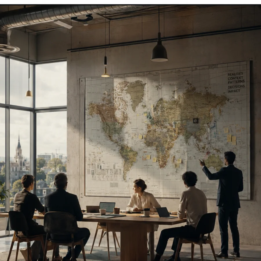 A map room — people gathered around one shared picture of reality, deciding together