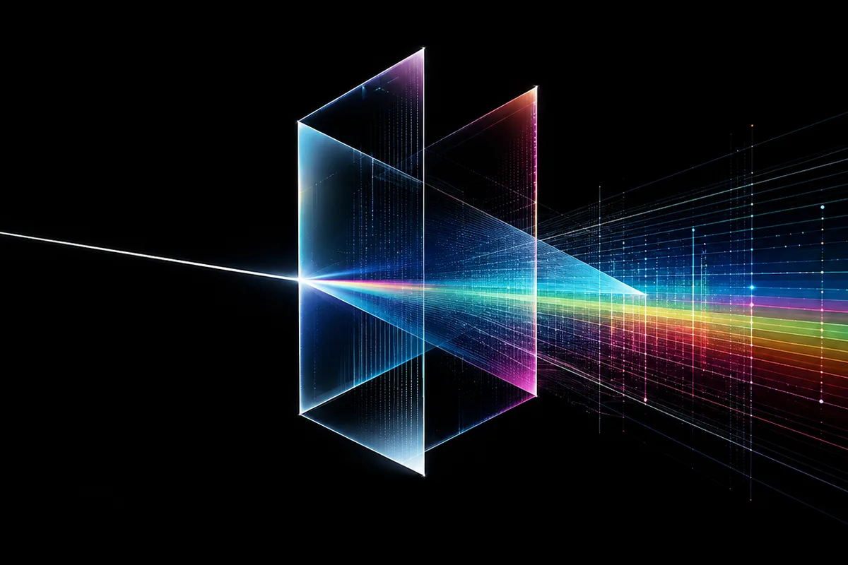 A single beam entering a prism and leaving as separate, ordered wavelengths